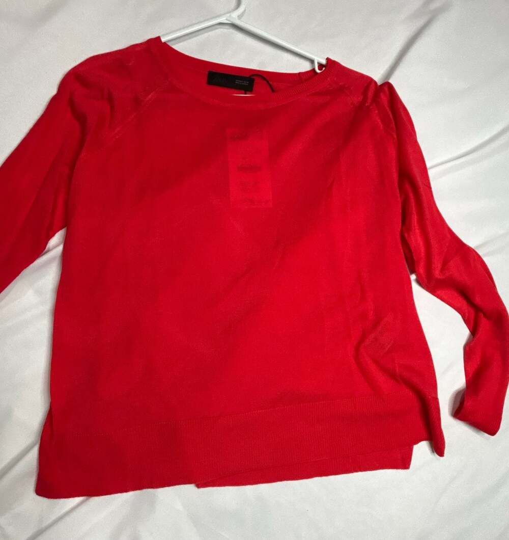 Zara Red Fine Knit Long Sleeve Crew Neck Sweater Size S NWT